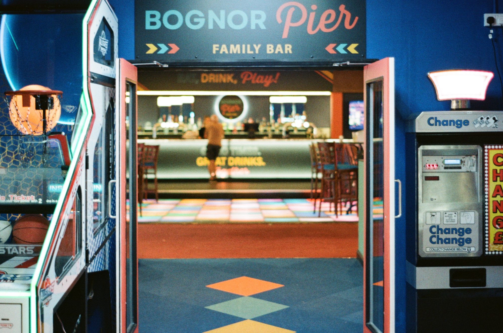 Through the doors, the lit floor